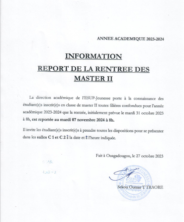 REPORT DE LA RENTREE DE MASTER 2