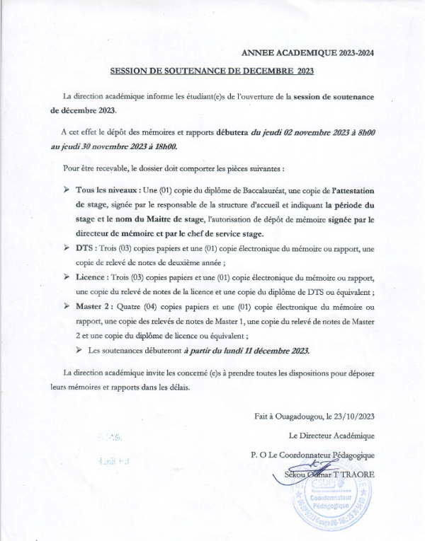 SESSION DE SOUTENANCE DE DECEMBRE